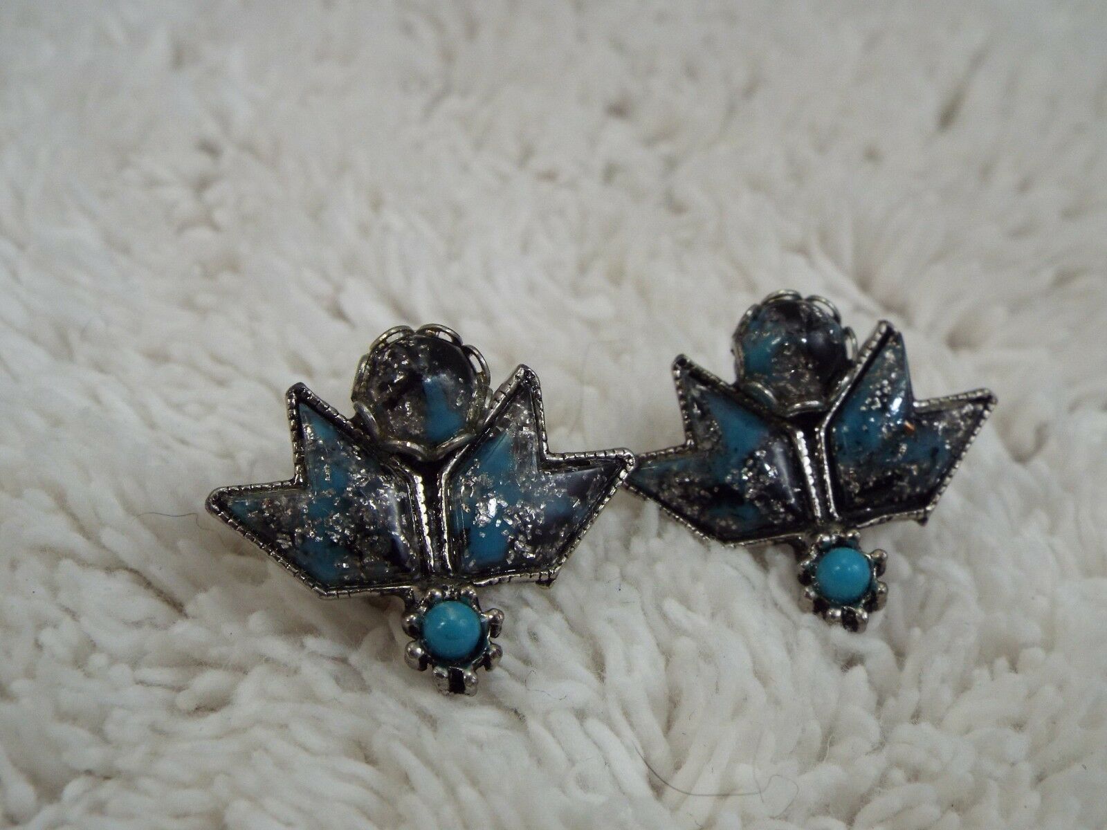 Vintage 60's Silivertone Blue Black Glitter Speckled Screwback Earrings (a36)