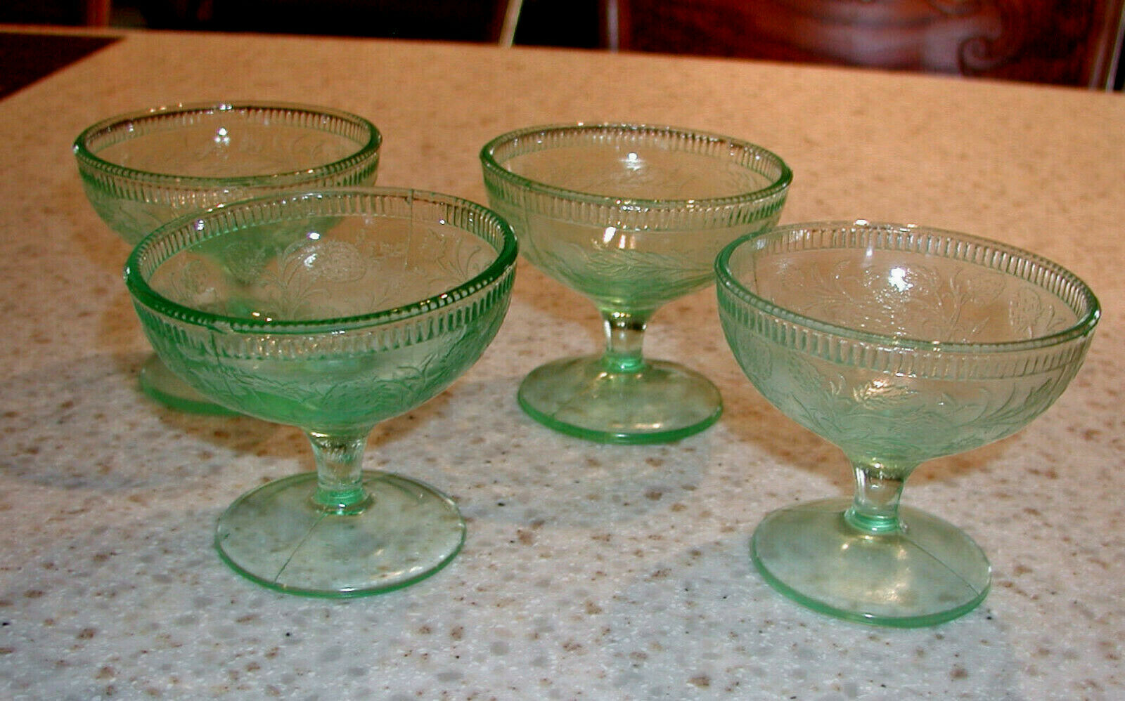 Vintage Green Depression Glass Sherbets From Us Glass Strawberry Pattern