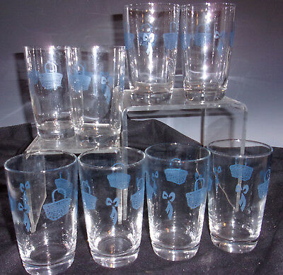 Set Of 8  Blue "baskets & Bows" Juice Glasses