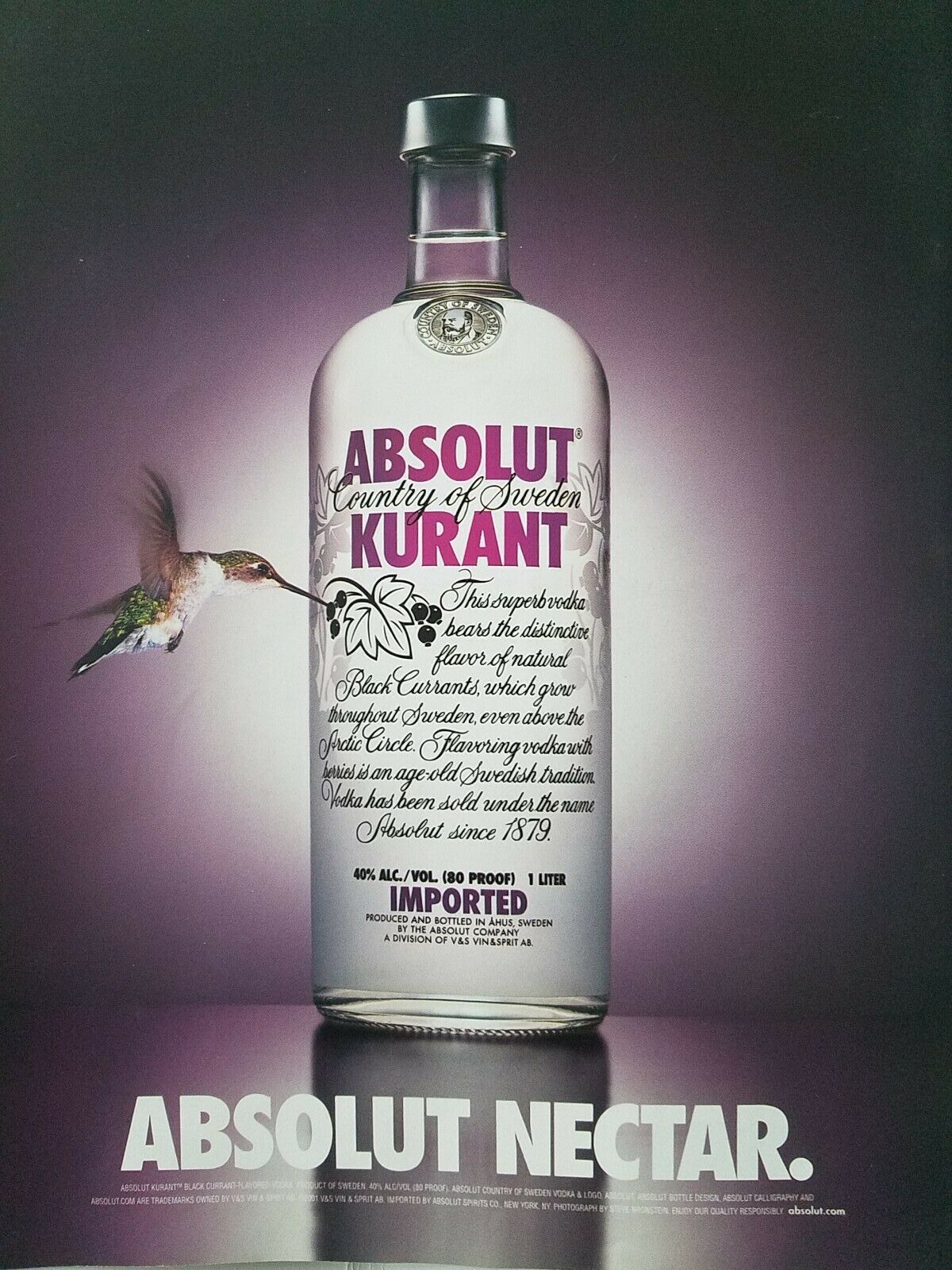 2001 Absolut Nectar Vodka Kurant Bottle Hummingbird Vintage Ad