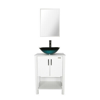 24" White Bathroom Vanity Set Turquoise Square Vessel Glass Sink Faucet Combo