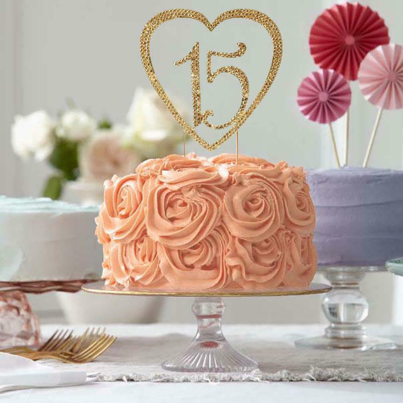 Gold 15 Heart Quinceañera Rhinestones Cake Topper Birthday Cupcake Dessert Event