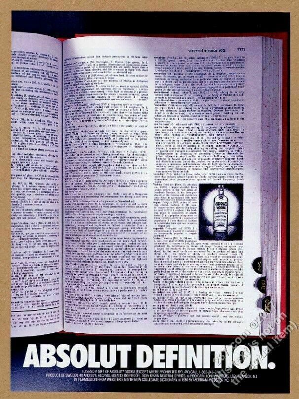 1990 Absolut Definition Vodka Bottle In Dictionary Photo Vintage Print Ad