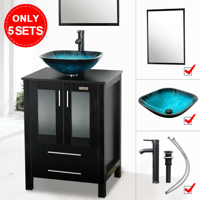24" Bathroom Vanity Set Black Cabinet Mirror W/ Vessel Glass Sink Faucet Combo