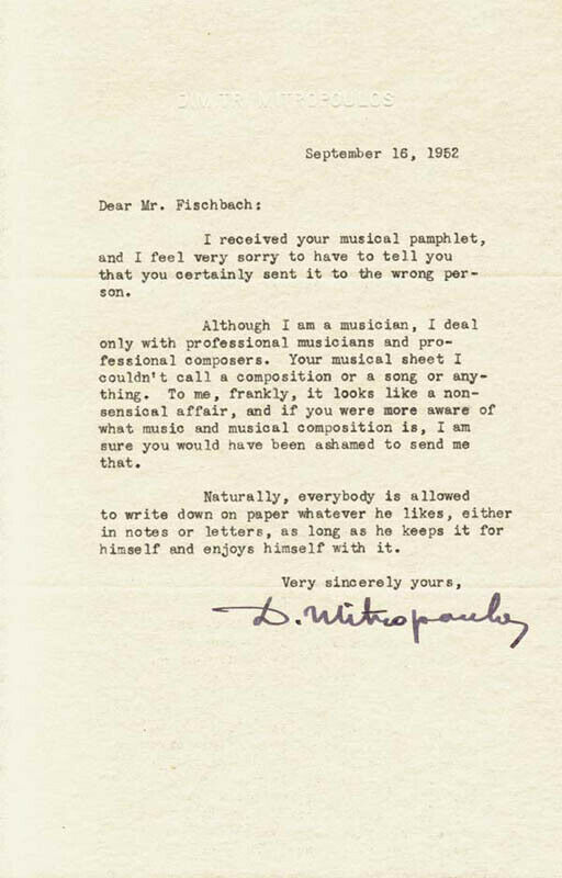 Dimitri Mitropoulos - Typed Letter Signed 09/16/1952