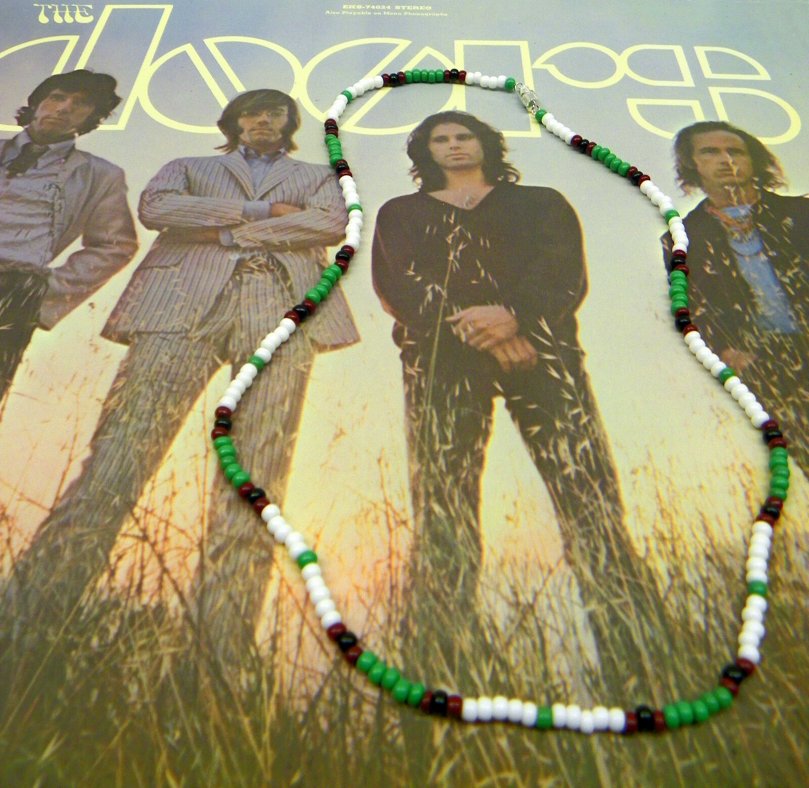 21" Jim Morrison Style Handmade Bead Necklace Orig. Green White Black The Doors