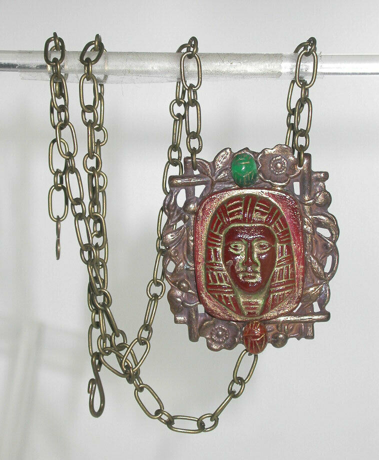 ~vintage 1930s Art Deco Egyptian Revival Glass Pharaoh Mask Necklace!~~scarabs!