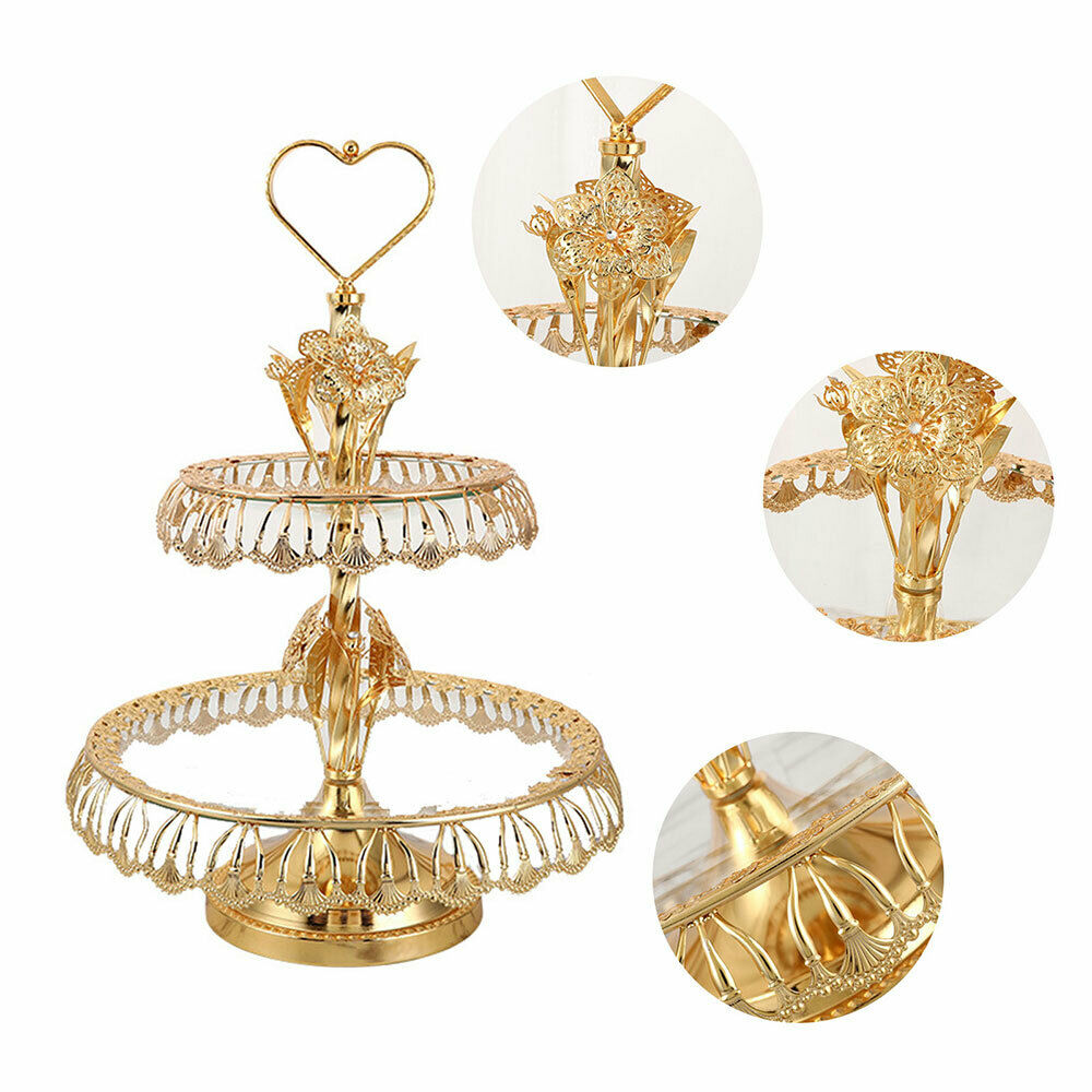 2 Layer Gold Cupcake Stand Glass Tray Dessert Holder Round Wedding Party Decor