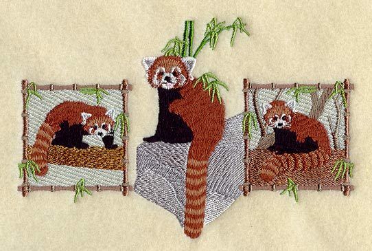 Embroidered Short-sleeved T-shirt - Red Panda Trio A4488 Sizes S - Xxl