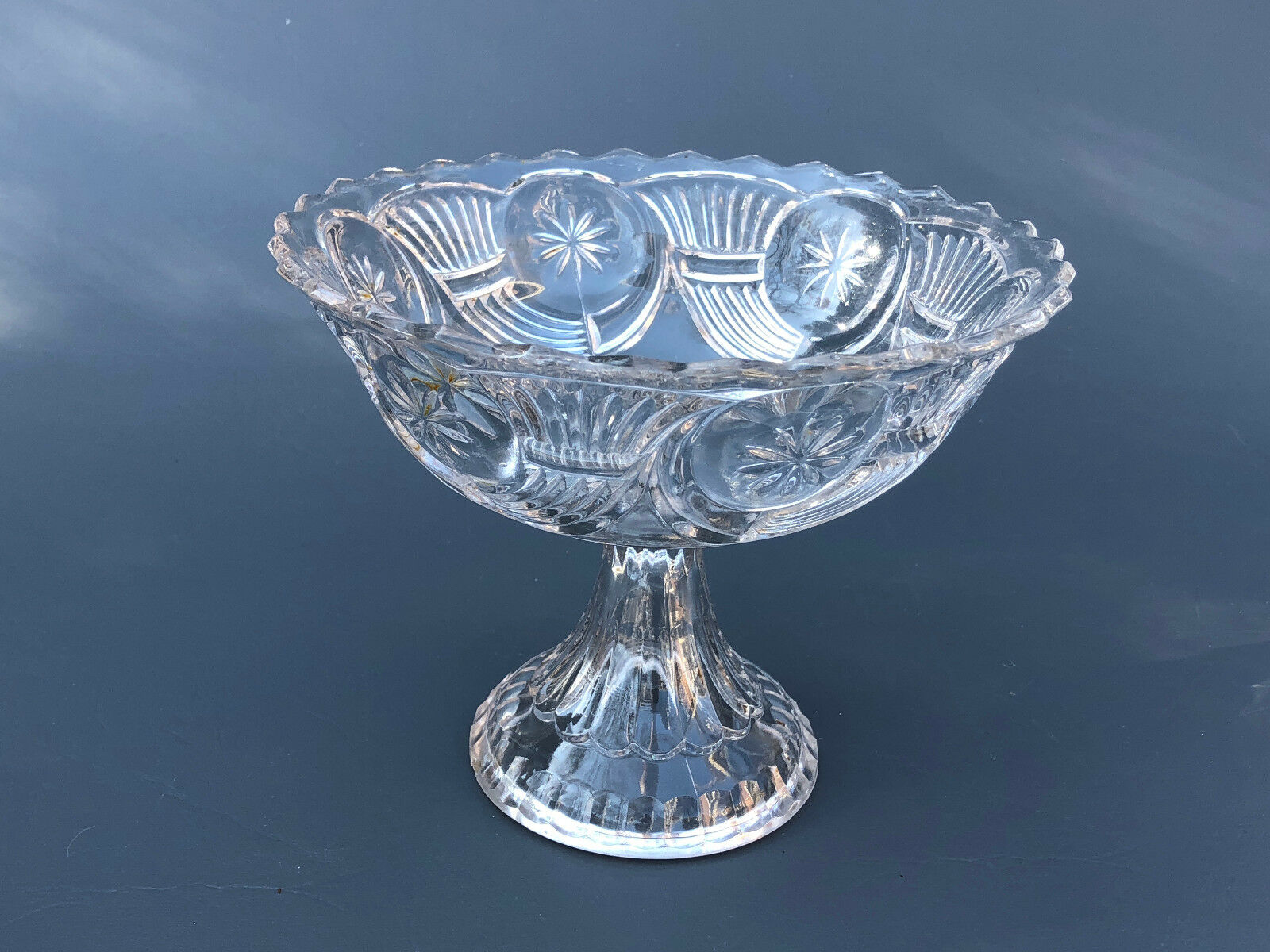 Antique Nickel Plate Glass Co. Clear Pressed Glass Compote Frosted Circle C.1870