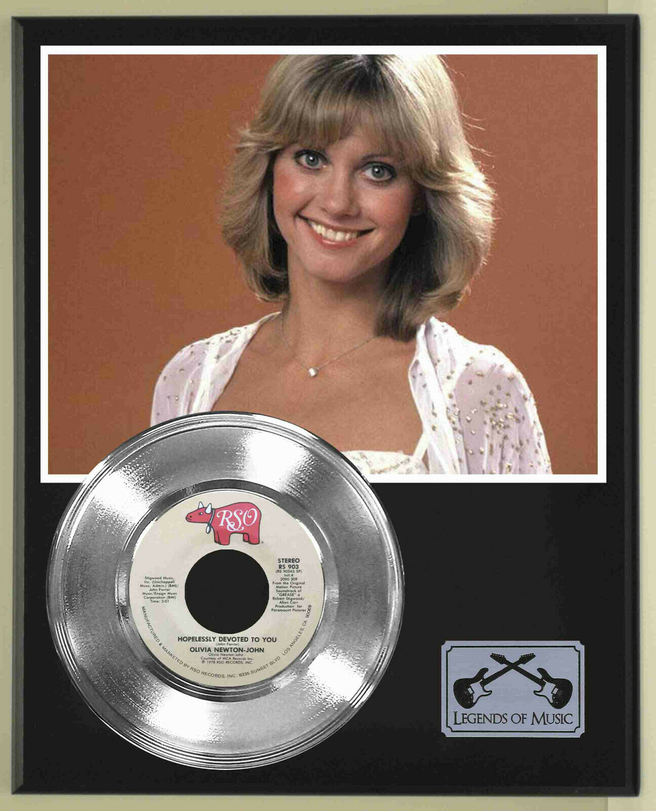 Olivia Newton John "hopelessly Devoted To You" Silver Record Display Wood Plaque