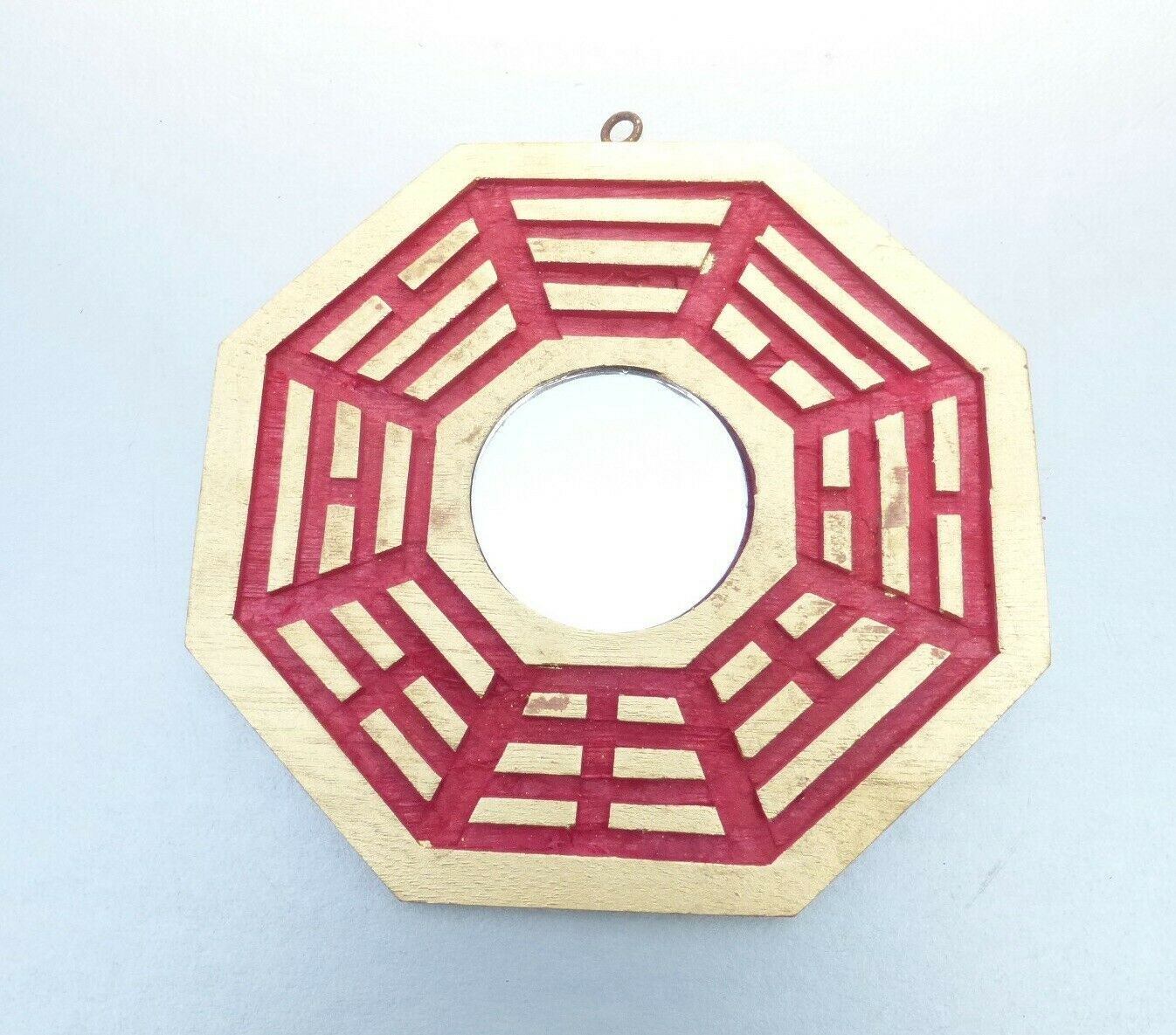 Chinese Feng Shui Good Luck Mirror Red Gold Octagon Eight Side Lucky Positive 6"