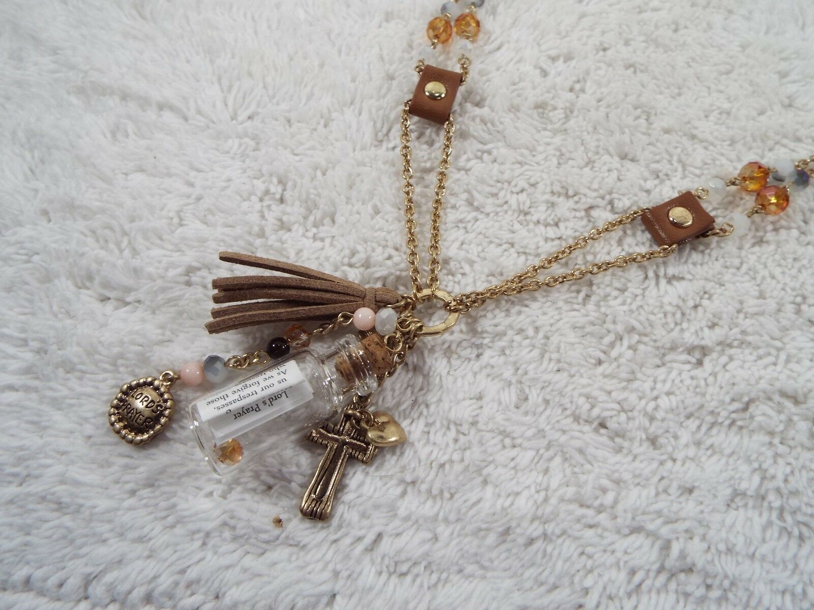 Goldtone Religious Charm Cluster Pendant Tassel Cross Bottle Necklace (c63)