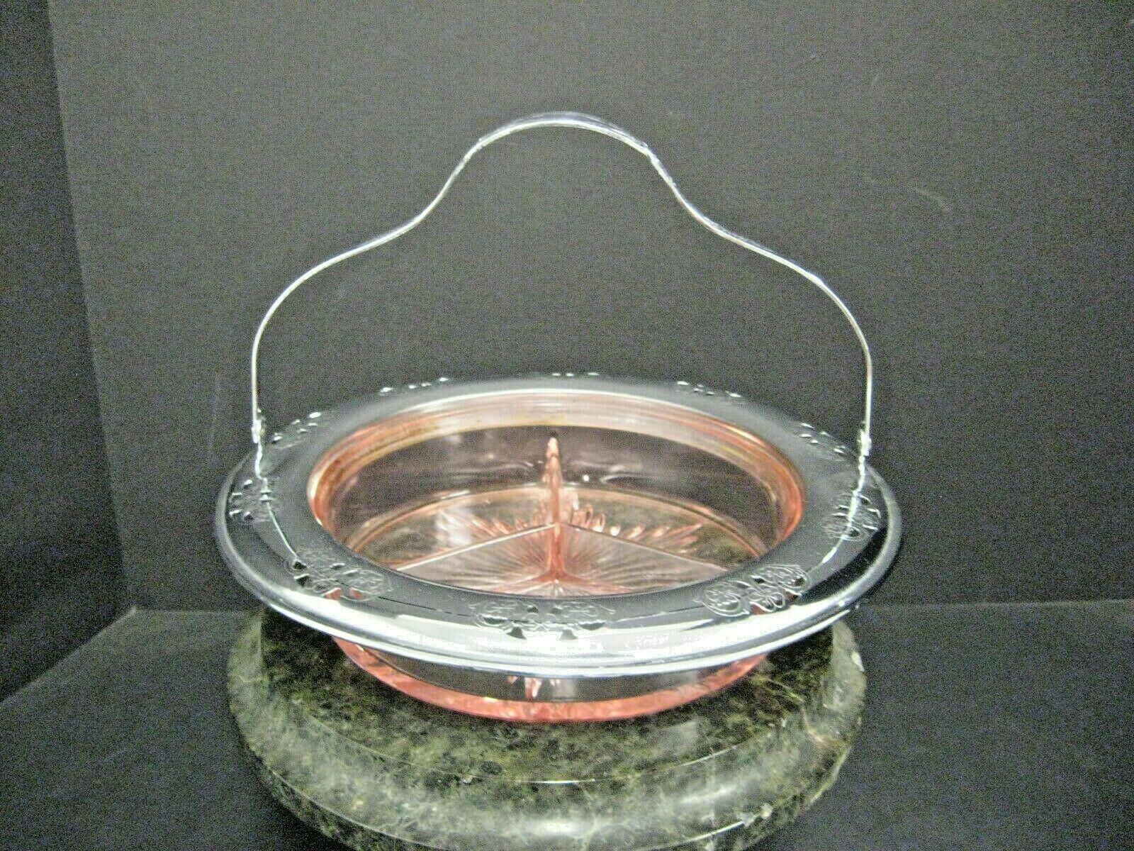 Faberware Art Deco Crome Divided Pink Depression Glass Relish Candy Dish Tray