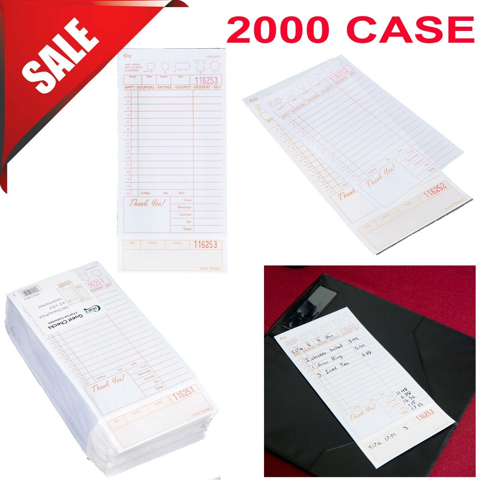 2000/case 2 Part Tan White Carbonless Guest Check Bottom Receipt Pad Restaurant