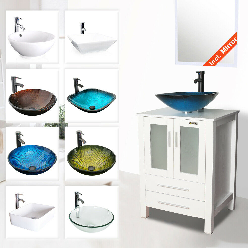 24" White Bathroom Vanity Cabinet & Glass Ceramic Vessel Sink W/ Faucet Drain