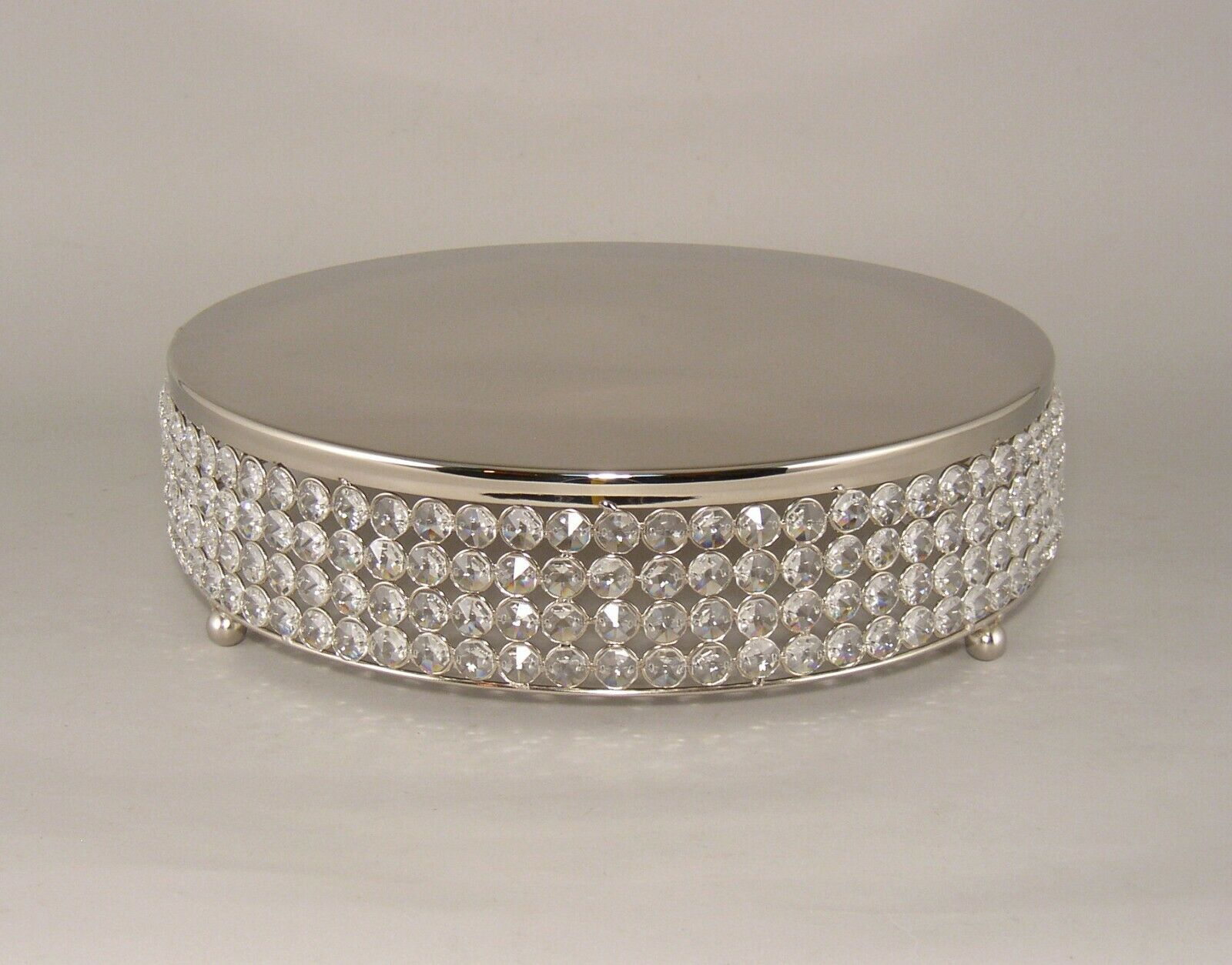 Cake Stand Plate Metal 4 Rows Of Clear Crystal Beads Silver 14"dia X 4"high