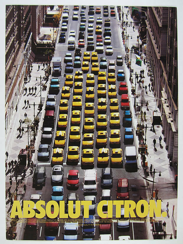 2000 Absolut Citron Yellow Taxi Cabs Traffic Street Scene Photo Vintage Print Ad