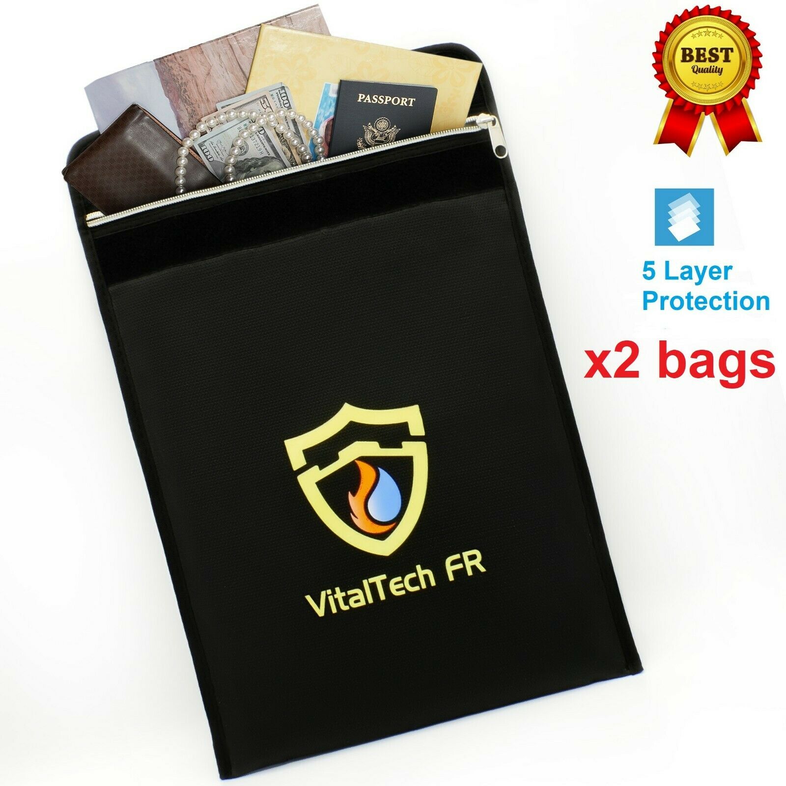 2 Vitaltech Fr Fireproof Bags 2000°f Document Safe Storage Water Resistant 15x11
