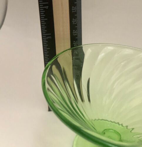 Set Of 3 Sherbet Glasse Depression Vaseline Uranium Glass, Green Swirl Design