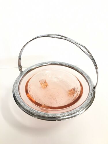 Vintage Pink / Peach Pressed Depression Glass Silver Handled Candy Bowl Dish