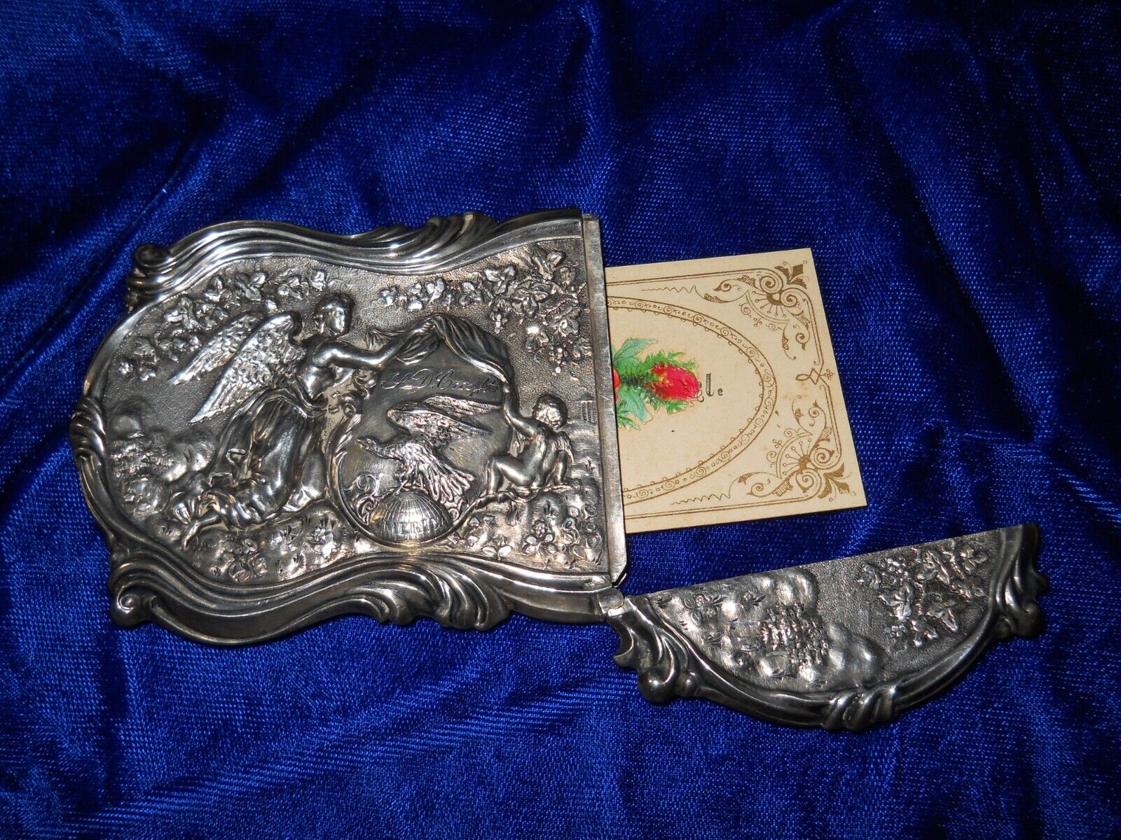 Antique Silver Calling Card Case 19thc W. Henigst Silver America Eagle Cupid