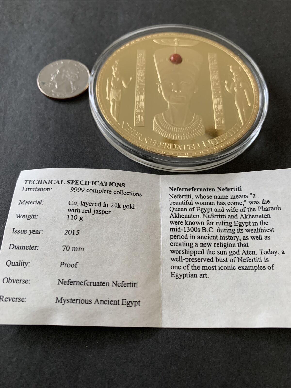 Ancient Egypt Nefertiti Medallion 24k Gold Layered With Red Jasper Low #1089999
