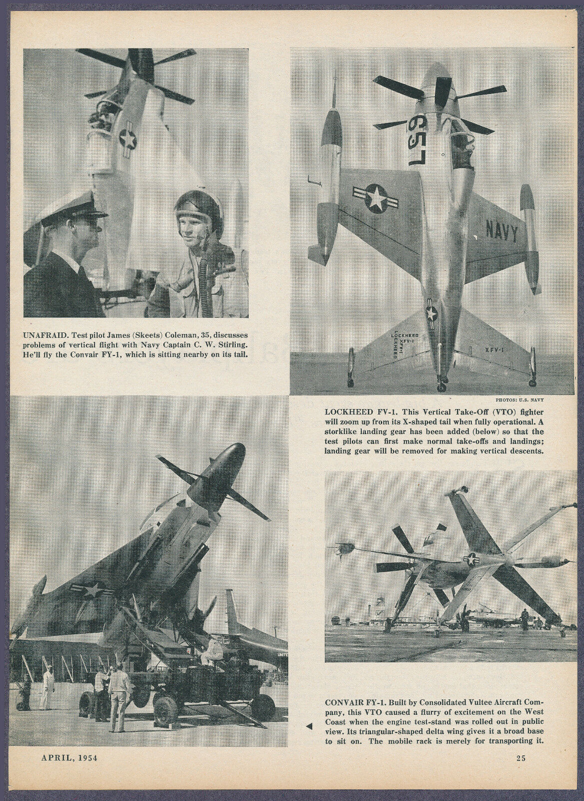 Us Navy Vtol History Bell Lockheed Convair Vintage Print Article 1954 3 Pages