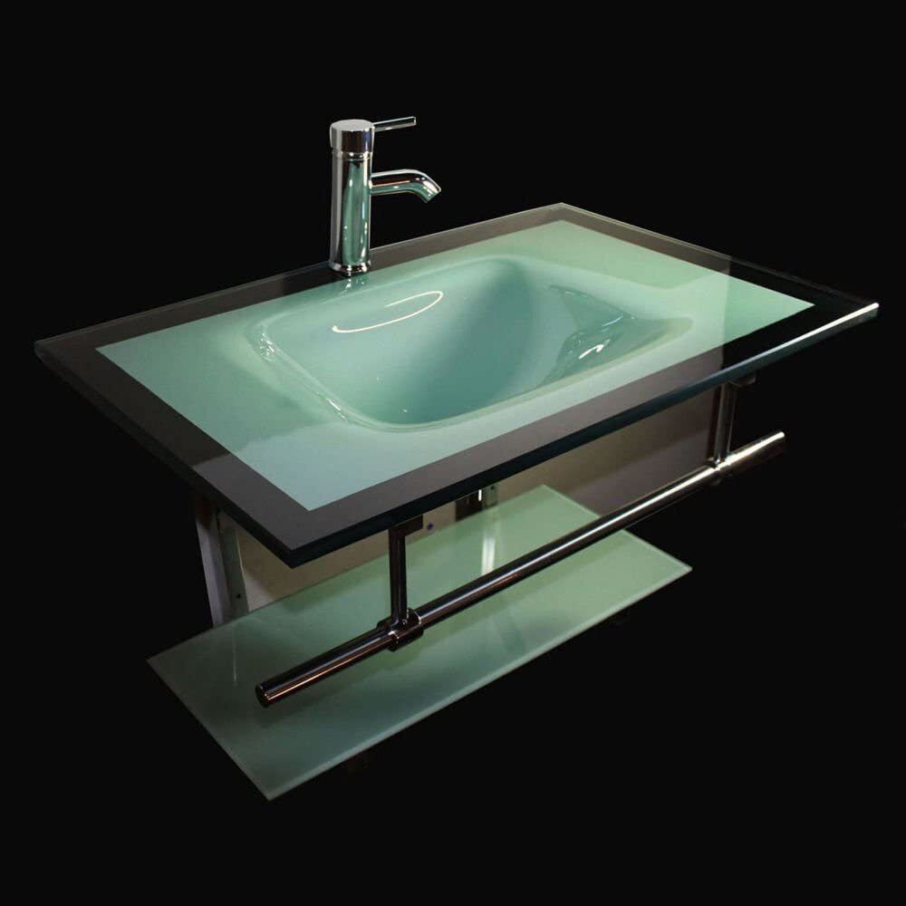 31" Wall Mount Floating Vanity Furniture Aqua Green Tempered Glass Vessel Sink