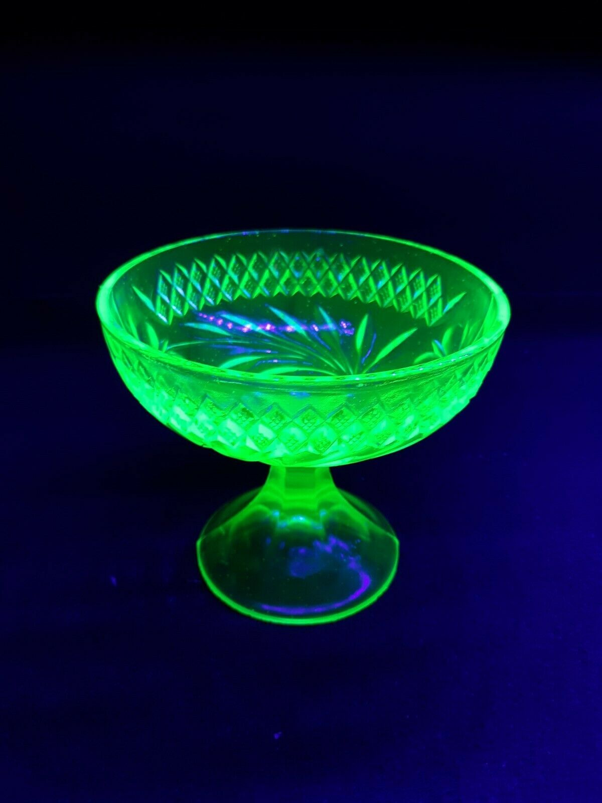 Green Floral & Diamond Band Footed Compote, Uranium Depression Glass