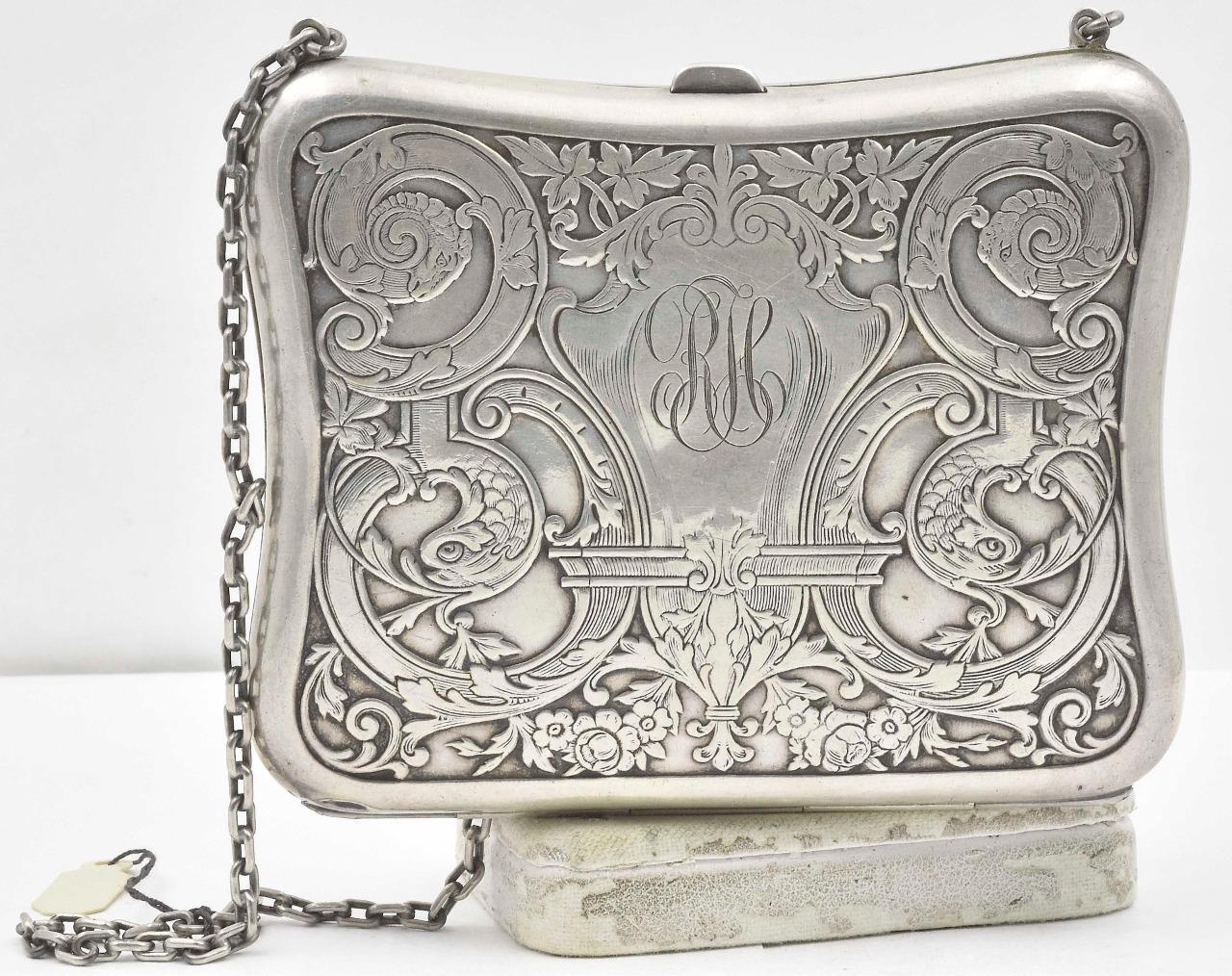 Antique Sterling Silver Embossed Art Nouveau Ladies Purse With Chain Handle 92gr