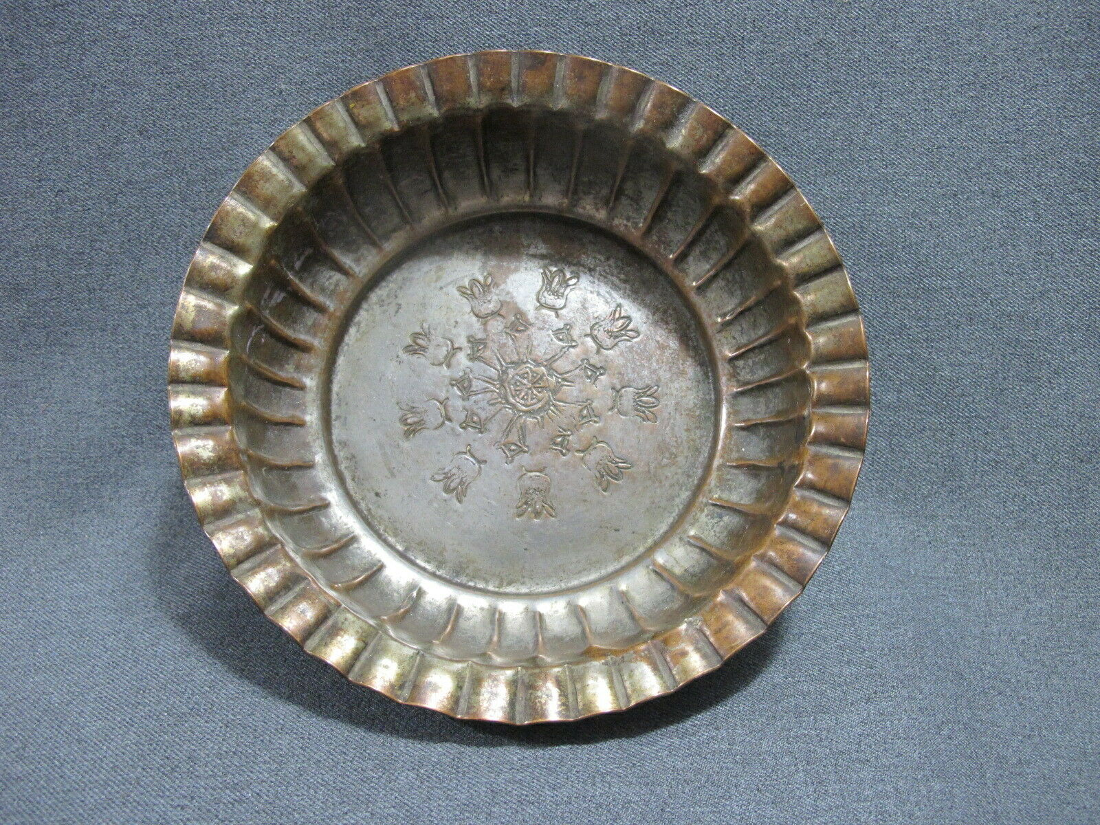 Vintage Egyptian Silvered Plated Copper Decorated With Flowers Tray  Marked