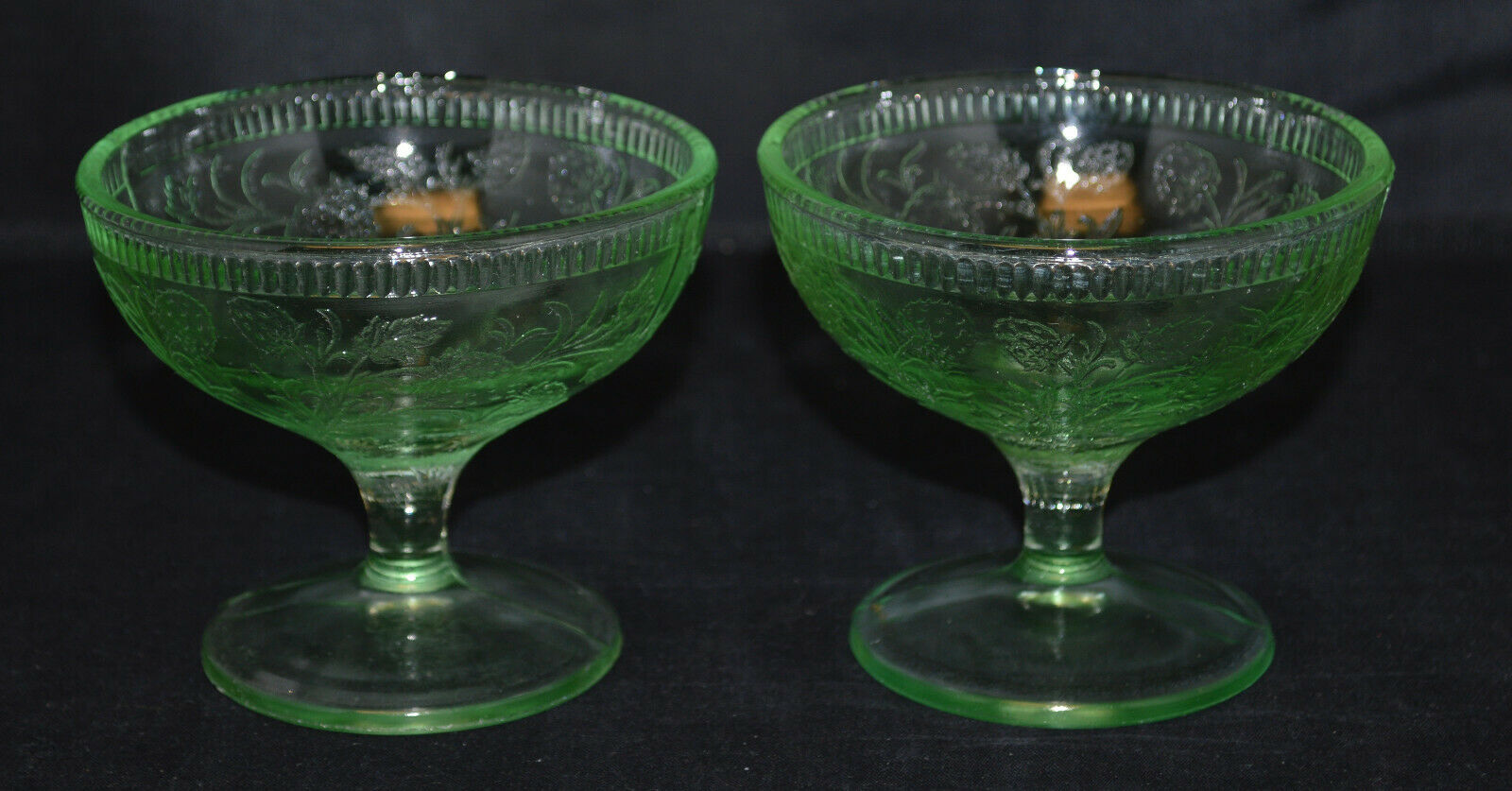 2 Vintage U.s Glass Green Strawberry Pattern Sherbets - Very Nice
