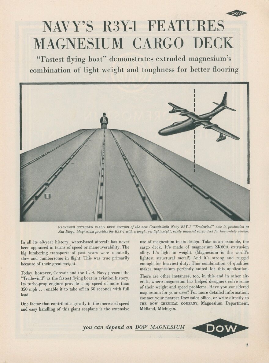 1954 Dow Chemical Ad With Navy R3y-1 Flying Boat Sea Plane Usn Tradewind