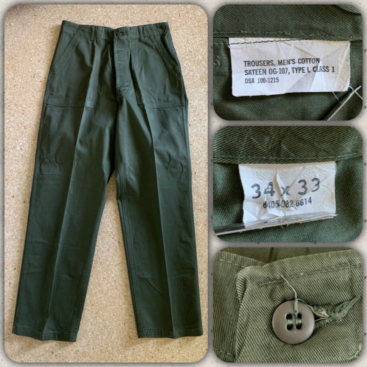 Vtg 60s Cotton Sateen Og-107 Trousers 34 / 33 X 33 Military Us Army Pants