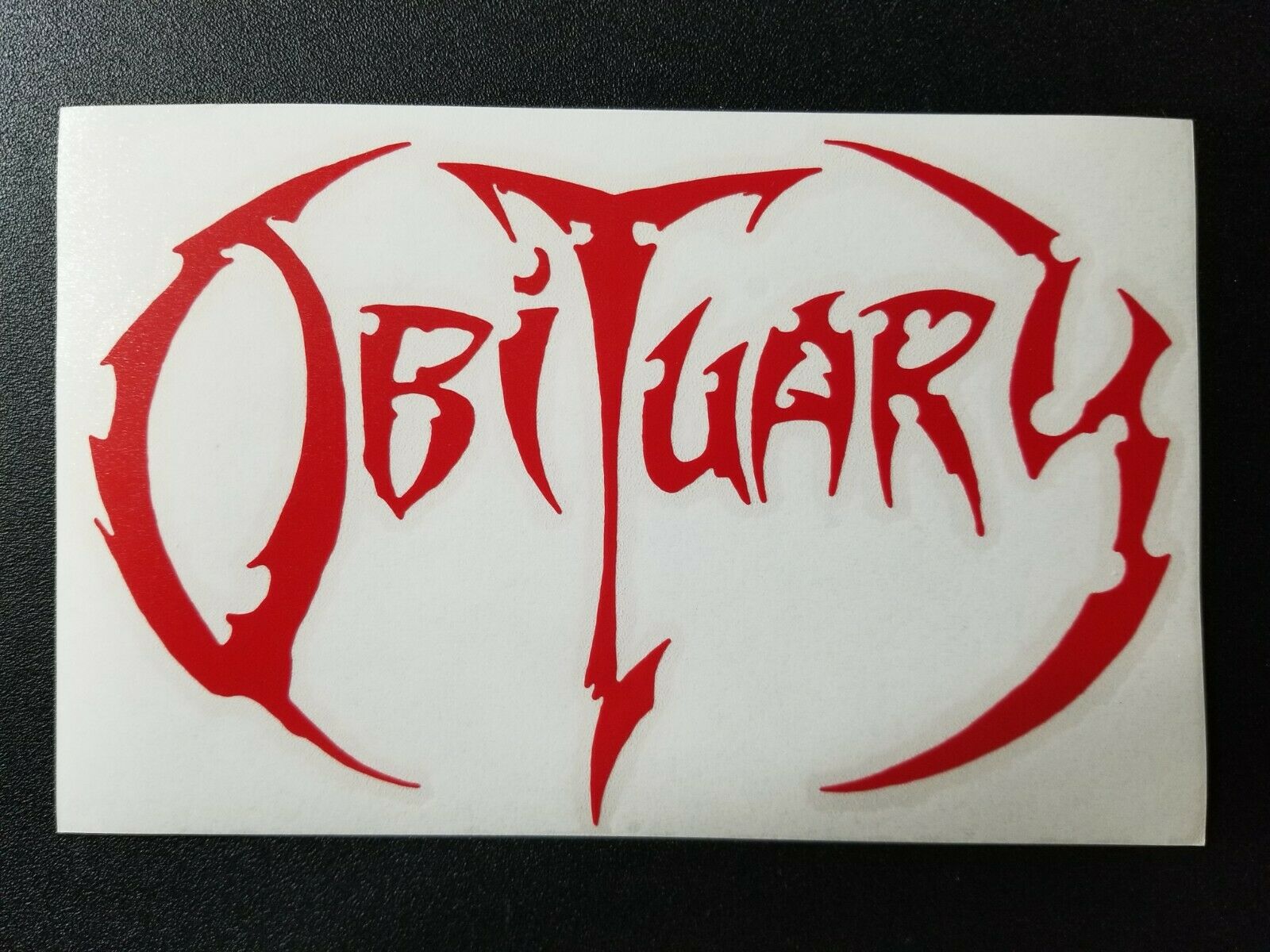 Obituary Band Logo Window Sticker Red 7” X 4 ½” Vinyl Car Decal Slowly Cause End