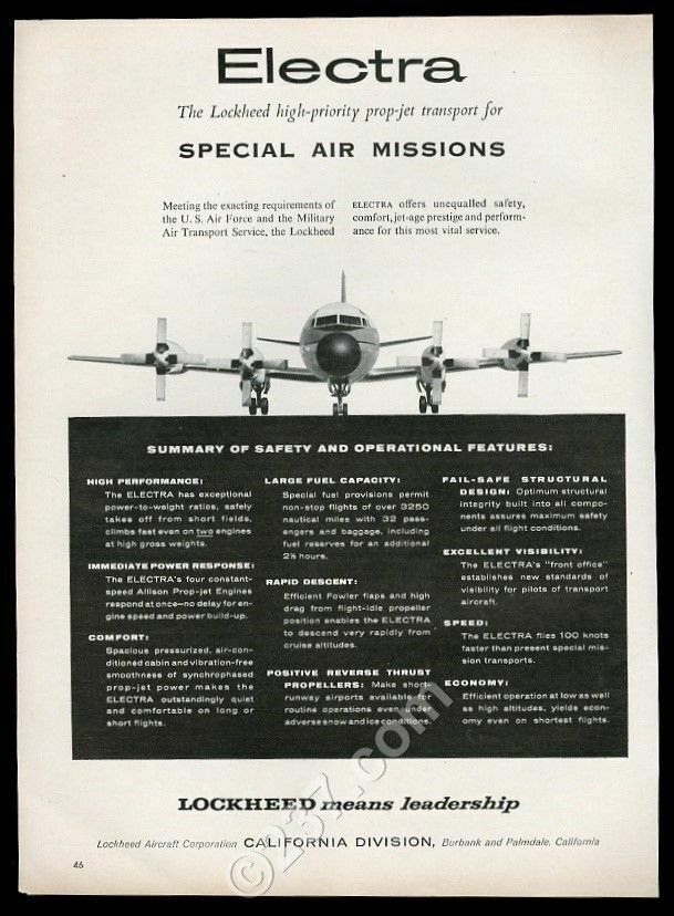 1958 Lockheed Electra Plane Photo Usaf Special Air Missions Theme Print Ad
