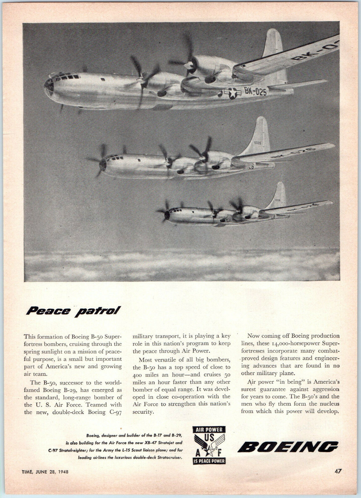 1948 Ad Boeing B-50 Superfortress Military Planes Peace Patrol Image Of Aircraft