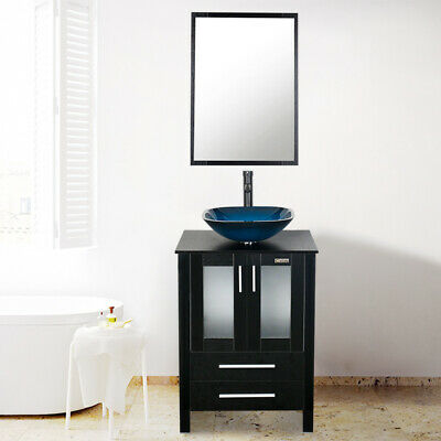 24" Bathroom Vanity Blue Square Vessel Glass Sink Set Bronze Faucet Drain Combo