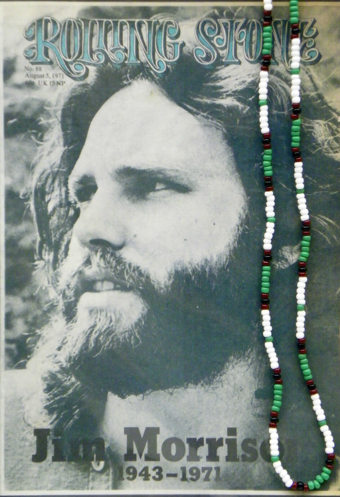 30" Jim Morrison Style Handmade Bead Necklace Orig. Green White Black The Doors