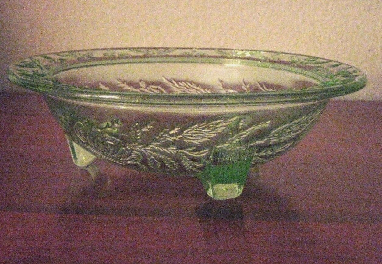 U S Glass  Rose & Thorn Green  3 Toed Footed  Bowl 5" Diameter