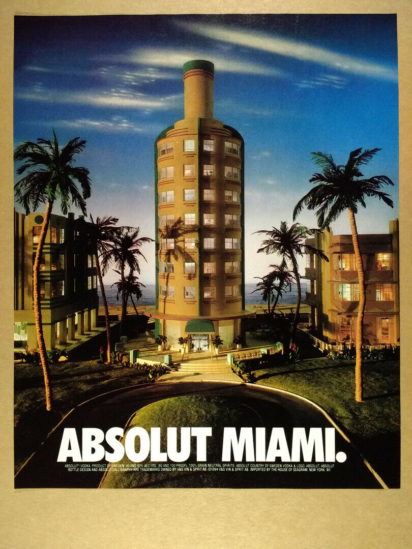 1995 Absolut Miami Art Deco Building Bottle Vintage Print Ad