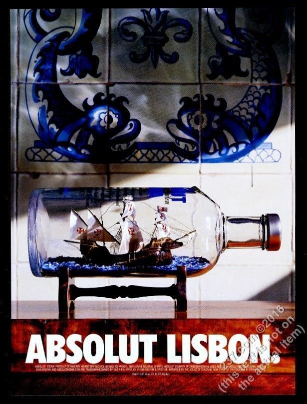 1998 Absolut Lisbon Sailing Ship In Vodka Bottle Photo Vintage Print Ad