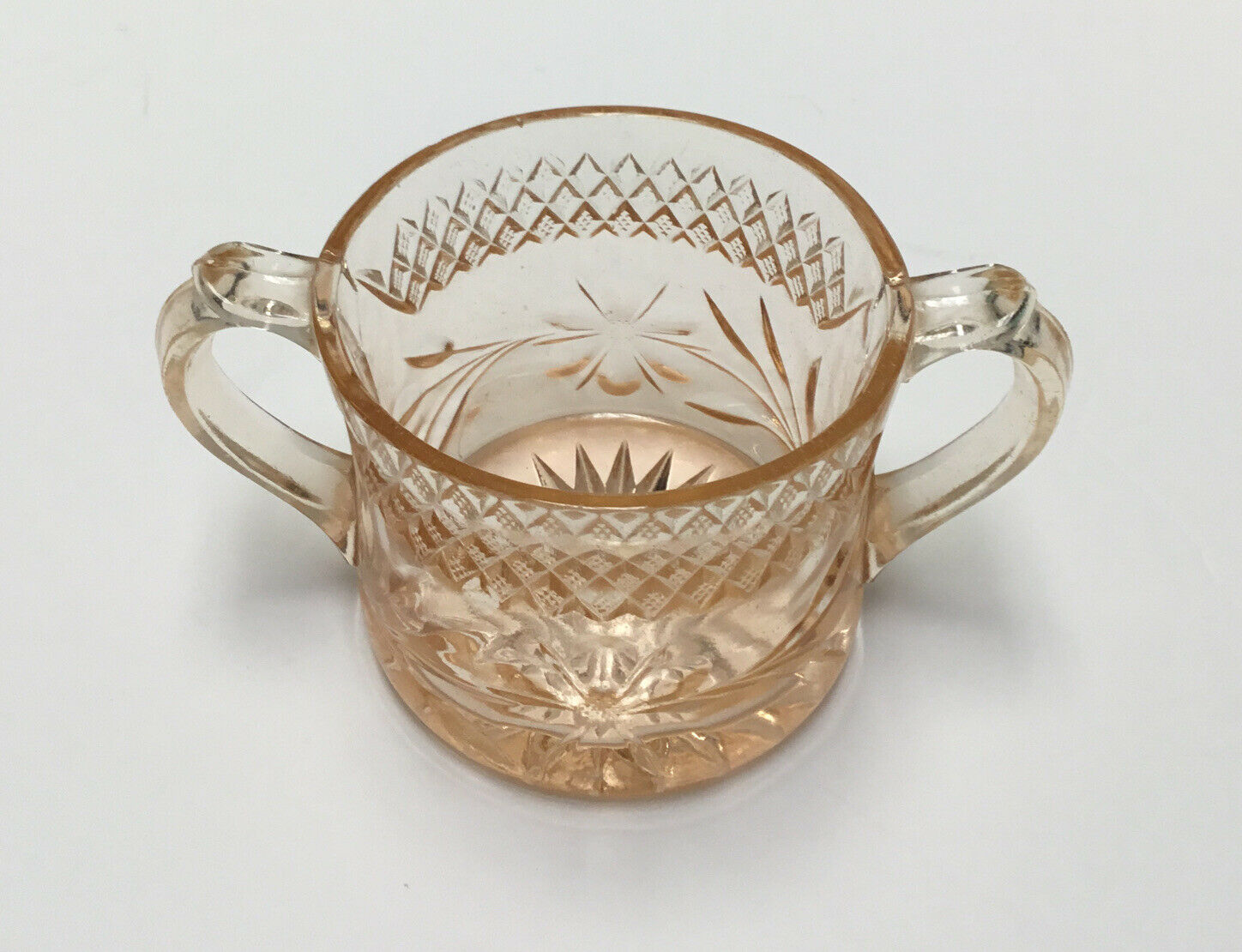 1920s Pink Depression Glass Floral And Diamond Band Pattern Sugar Bowl