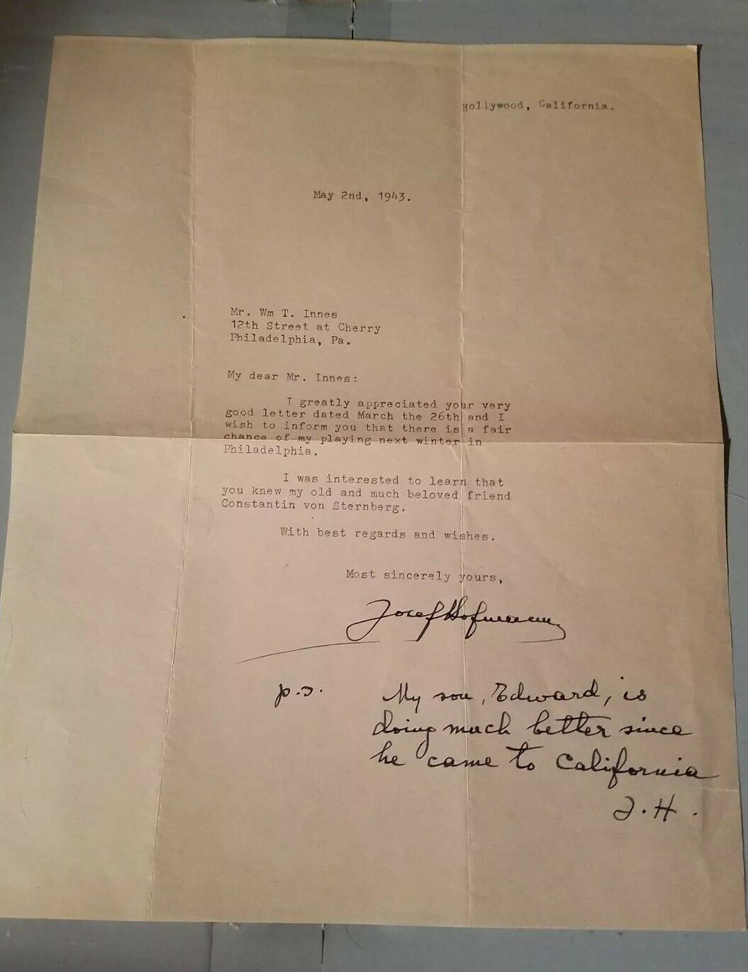 Josef Hofmann Virtuoso Pianist, Composer, Teacher, Inventor- Signed 1943 Letter