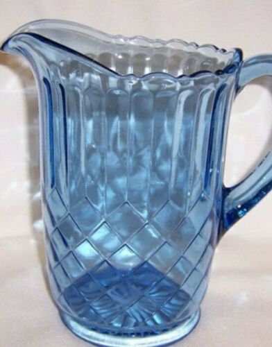 Aunt Polly 8in. Blue Pitcher (late 1920's) Depression Glass. Us Glass Co. Rare