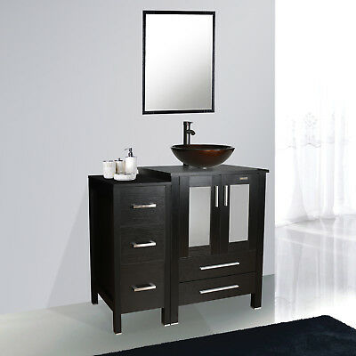 Black Bathroom Vanity Small Cabinet 36" Modern W/vessel Glass Sink Mirror Set