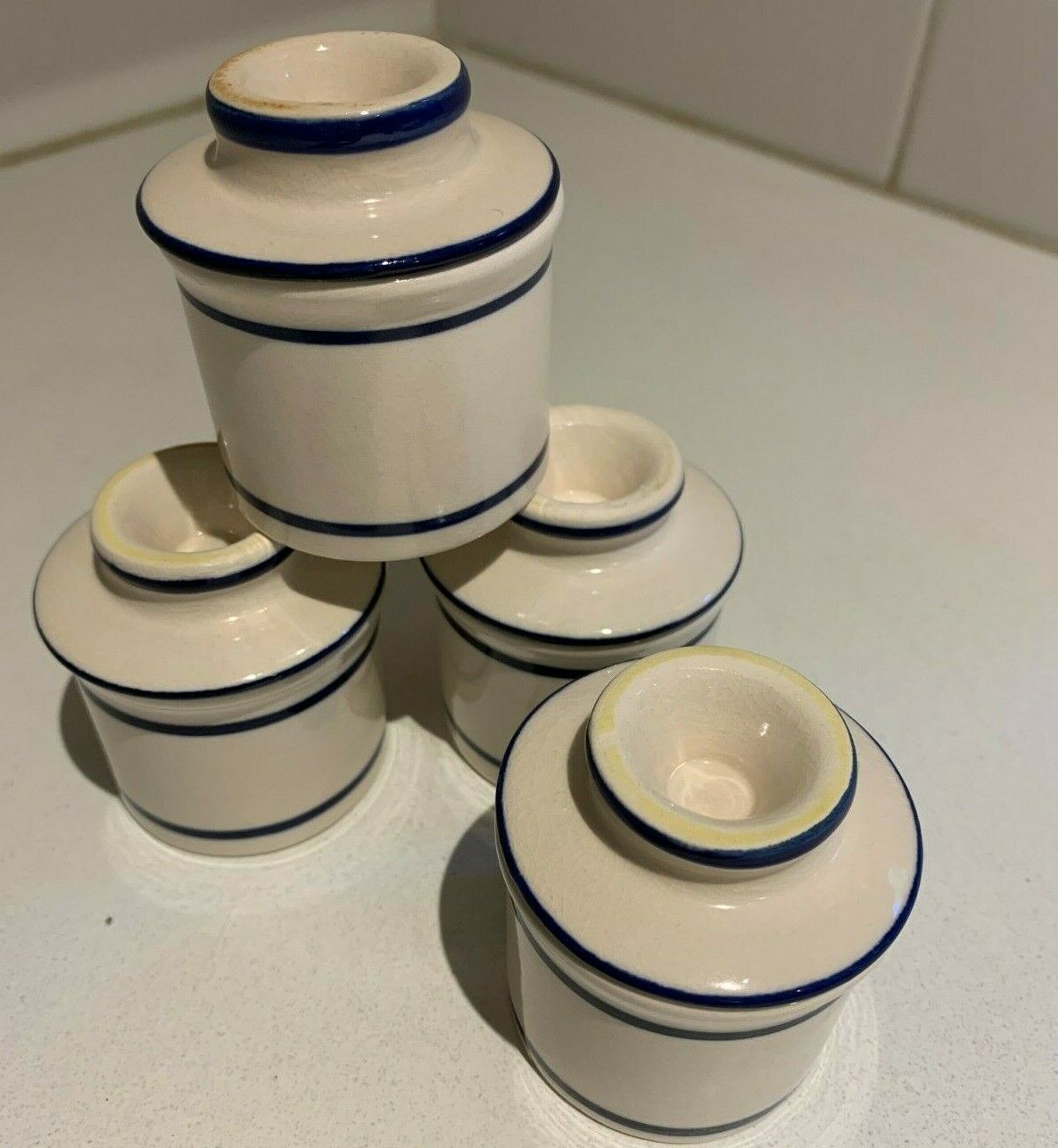 Butter Bell Keeper French Butter Crock Blue Stripe Set Of 4 Mini Individual 2.5"